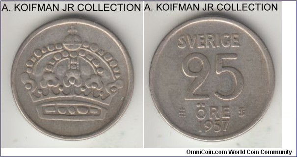 KM-824, 1957 Sweden 25 ore; silver, plain edge; Gustaf VI, common, decent very fine or so.