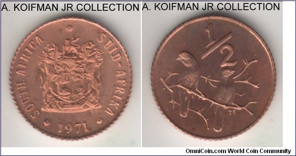 KM-81, 1971 South Africa (Republic) 1/2 cent; proof, bronze, reeded edge; mintage 12,000, red brown uncirculated in annual mint proof set of issue.