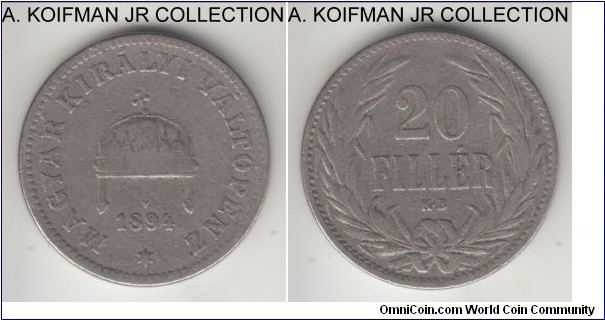 KM-483, 1894 Hungary (Austro-Hungarian Empire) 20 filler, Kremnitz mint (KB mint mark); nickel, reeded edge; Franz Joseph I, common issue and year, fine or almost.