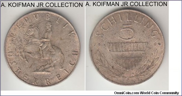 KM-2889, 1960 Austria 5 shilling; silver, reeded edge; circulation issue, Lippizaner stallion, toned almost uncirculated.