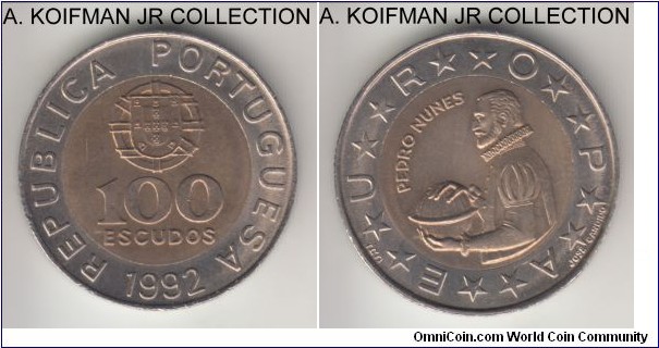 KM-645.1, 1992 Portugal 100 escudo; bi-metallic: aluminium-bronze centre in copper-nickel ring, segment reeded edge; Pedro Nunes circulation issue, coin orientation, average uncirculated. 