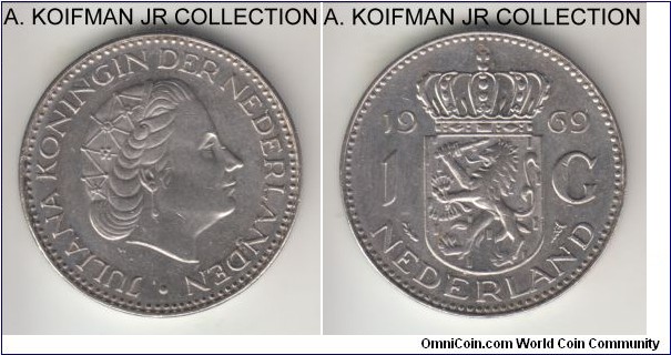 KM-184a, 1969 Netherlands gulden; nickel, lettered edge; Juliana, fish privy mark, average uncirculated or almost, few bagmarks.