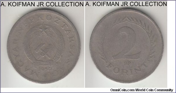 KM-548, 1950 Hungary 2 forint; copper-nickel, ornamented edge; circulation coinage, well circulated and worn.