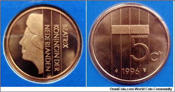 Netherlands 5 cents from 1996 annual coin set.