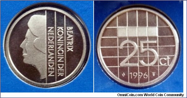 Netherlands 25 cents from 1996 annual coin set.