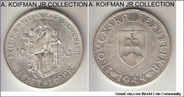 KM-9.1, 1944 Slovakia 10 korun; silver, plain edge; Prince Pribina circulation commemorative issue, 1-year type for the short lived independent republic of Slovakia, average light uncirculated.