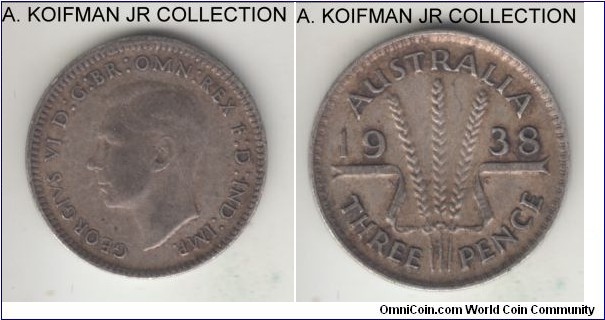 KM-37, 1938 Australia 3 pence, Melbourne mint (no mint mark); silver, plain edge; early George VI and smaller mintage years, good fine with dark toning.