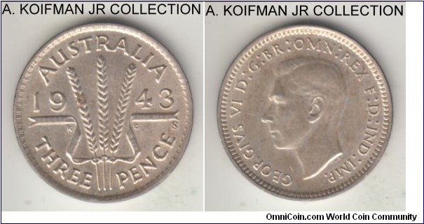 KM-37, 1943 Australia 3 pence, San Francisco mint (S mint mark); silver, plain edge; George VI, war time strike, uncirculated, light overall toning and small reverse dirt spot.
