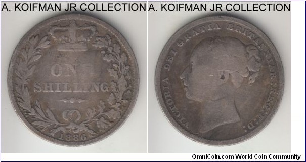 KM-734.4, 1886 Great Britain shilling; silver, reeded edge; Victoria young head without the die numbers, average circulated very good or so.