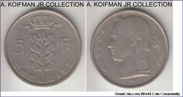 KM-135.1, 1950 Belgium 5 francs; copper-nickel, reeded edge; Baudouin I, Dutch (Flemish) variety BELGIE, good very fine.