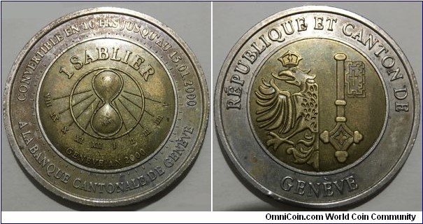 1 Sablier / 10 Franken (Republique et Canton de Geneve / Local Administration Token // Bimetallic: Copper-Nickel ring - Brass centre / Low Mintage: 100.000 pcs)
