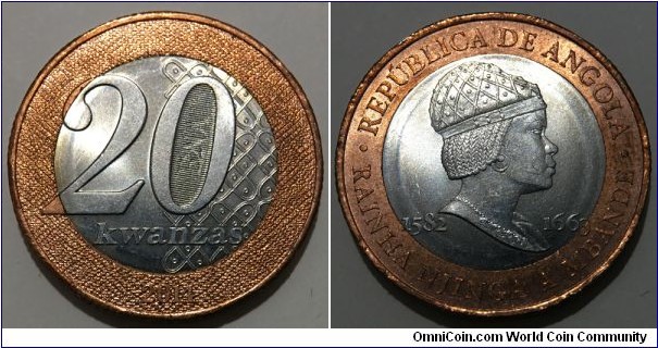 20 Kwanzas (Republic of Angola / Commemorative issue - Queen Njinga A Mbande 1582-1663 // Bimetallic: Nickel plated Steel centre - Brass plated Steel ring)