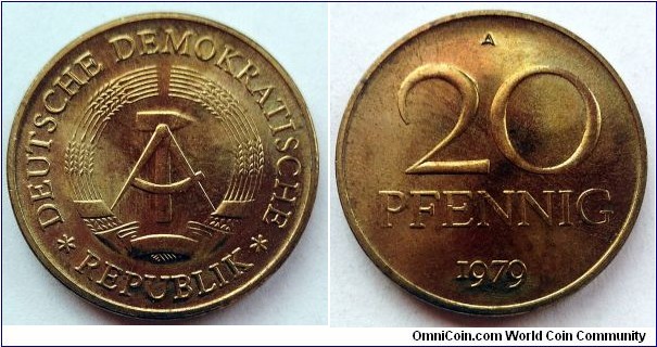 German Democratic Republic (East Germany) 20 pfennig. 1979, Nice condition. Mintage: Krause 293.000 pcs. Numista 292.000 pcs.  and from other sources you can see also 318.050 pcs.