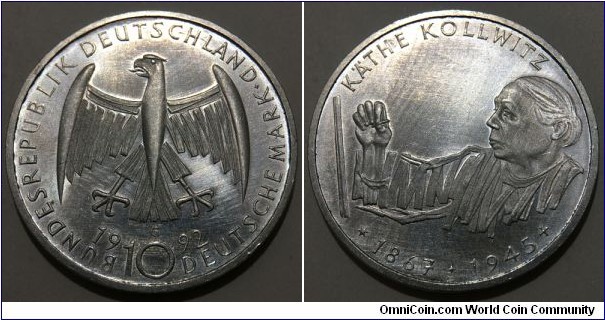 10 Deutsche Mark (Federal Republic of Germany - Re-Unified / 125th Birthday of Kathe Kollwitz // SILVER 0.625 / 15.5g / ⌀32.5mm) 
