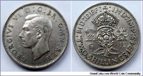 2 shillings. 1945, Ag 500.