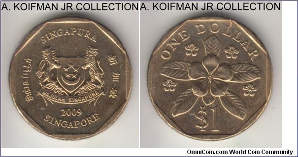 KM-103, 2009 Singapore dollar; aluminum-bronze, reeded edge; average uncirculated.