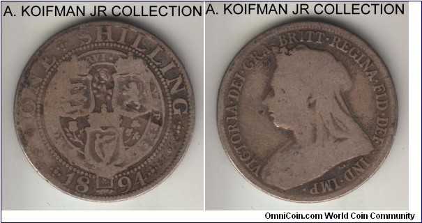 KM-780, 1894 Great Britain shilling; silver, reeded edge; Victoria, last, mature veiled head type, well circulated.