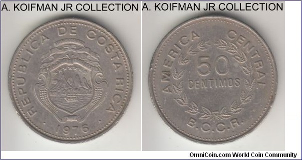 KM-189.3, 1976 Costa Rica 50 centimos, Sherritt Mint (USA); copper-nickel, lettered edge; extra fine or about, few minor edge nicks.