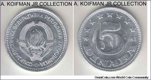 KM-38, 1963 Yugoslavia (Socialist Federal Republic) 5 dinara; aluminum, plain edge; common 1-year type, bright uncirculated.