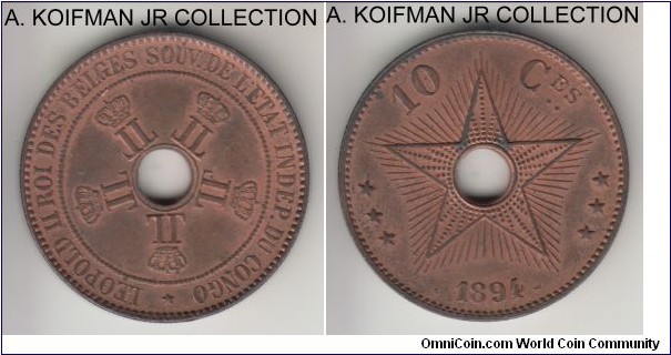KM-4, 1894 Congo Free State (Belgian Congo) 10 centimes; copper, holed flan, reeded edge; Leopold II, red brown uncirculated.