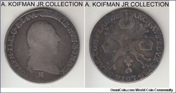 KM-38, 1788 Austrian Netherlands 1/4 kronenthaler, Gunzburg mint (H mint mark); silver, lettered edge; Joseph II, good to very good, circulted and polished, possibly ex-jewelry.