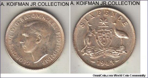 KM-38, 1943 Australia 6 pence, San Francisco mint (S mint mark); silver, reeded edge; George VI, average uncirculated, light overall toning.