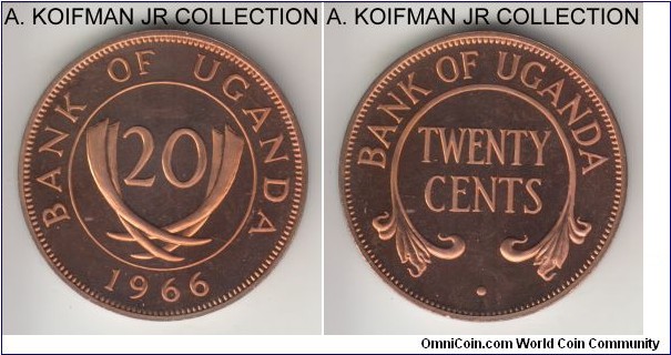 KM-3, 1966 Uganda 20 cents; proof, bronze, plain edge; first post independence issue, red cameo proof.