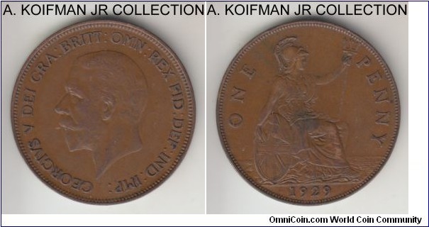 KM-838, 1929 Great Britain penny; bronze, plain edge; George V, brown extra fine.