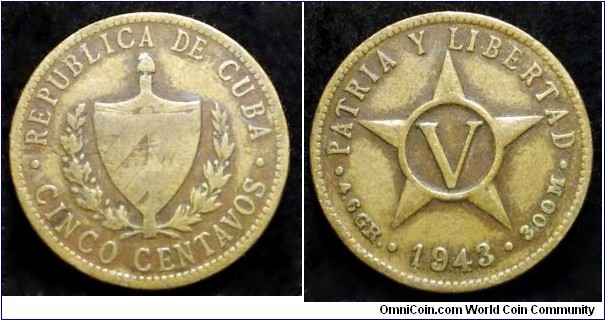 Cuba 5 centavos.
1943, Brass.