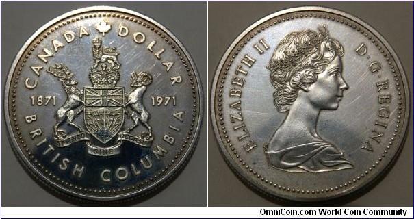 1 Dollar (Commonwealth - Federal State of Canada / Queen Elizabeth II / British Columbia Centennial / SPECIMEN // SILVER 0.500 / 23.3g / ⌀36.1mm / Mintage: 585.217 pcs)
