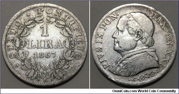 1 Lira (Papal States / Pope Pius IX // SILVER 0.835 / 5g / ⌀23.3mm)