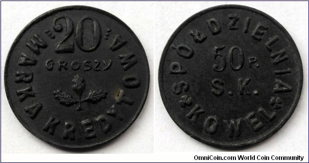 Poland 20 groszy. Credit token of Union of Military Cooperatives (Marka kredytowa) 50 Rifle Infantry Regiment - Kowel. Zinc. Rare.