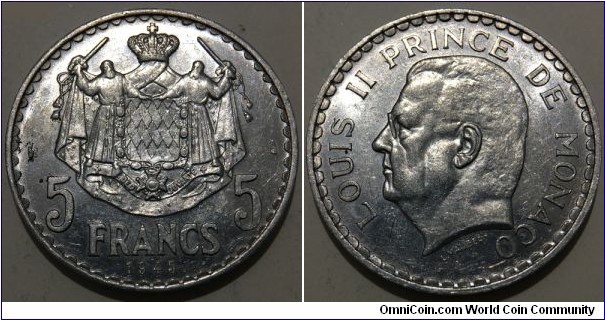 5 Francs (Principality of Monaco / Prince Louis II // Aluminium / Mintage: 1.000.000 pcs) 
