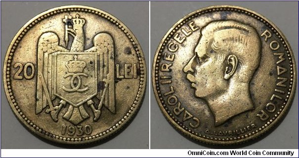 20 Lei (Kingdom of Romania / King Carol II // Nickel Brass) 
