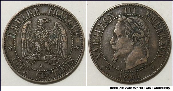 2 Centimes (2nd French Empire / Emperor Napoleon III // Bronze 2g) 