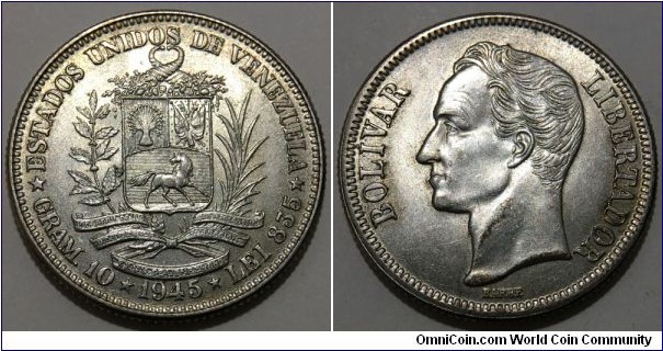 2 Bolivares (United States of Venezuela / El Trienio Adeco 1945-1948 // SILVER 0.835 / 10g / ⌀27mm) 