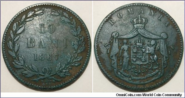 10 Bani (Principality of Romania / Domnitor (Prince) Carol I // Copper 10g)