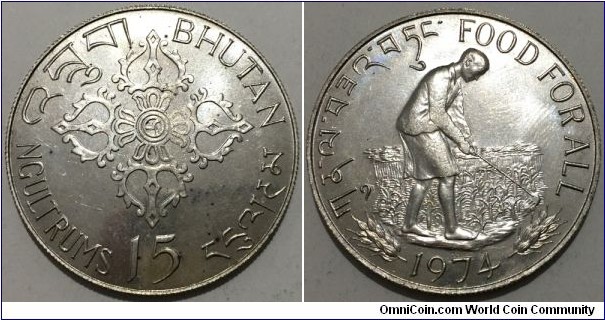15 Ngultrums (Kingdom of Bhutan / King Jigme Singye / FAO - Food for all // SILVER 0.500 / 22.3g / ⌀38.6mm / Low Mintage: 30.000 pcs) 