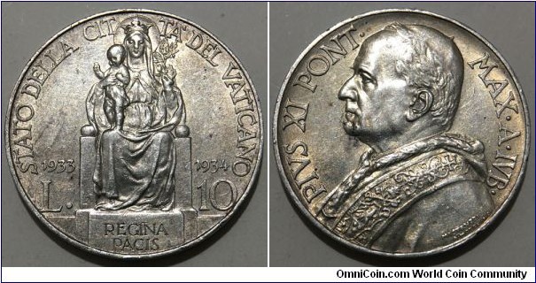10 Lire (Vatican City State / Pope Pius XI / Commemorative issue - Jubilee 1933-1934 // SILVER 0.835 / 10g / ⌀27mm / Low Mintage: 50.000 pcs) 