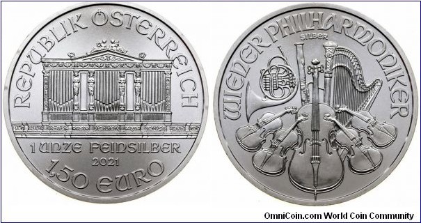 Austria 1,50 Euro - Vienna Philharmonic. 31,1g Ag 999