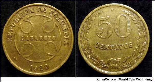 Colombia 50 centavos. 1928, Leprosarium coinage (Lazareto - Leper colony) Mintage: 50.000 pcs.