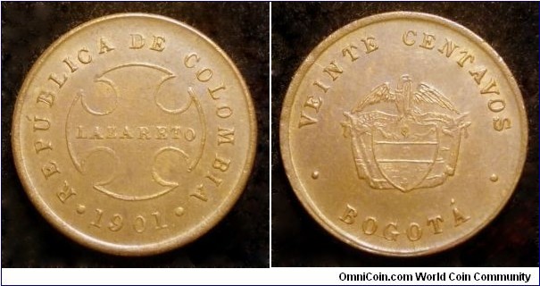 Colombia 20 centavos. 1901, Leprosarium coinage (Lazareto - Leper colony) Mintage: 30.000 pcs. Rare coin.