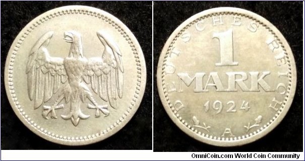 Germany (Weimar Republic) 1 mark. 1924 A - Berlin. Ag 500.