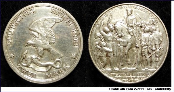 Kingdom of Prussia 2 mark. 1913, 100th Anniversary of the Victory over Napoleon at Leipzig. 
Ag 900.