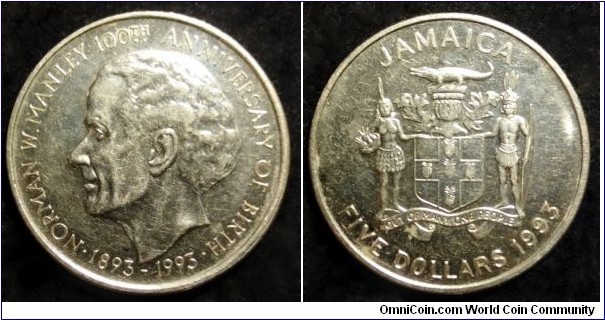 Jamaica 5 dollars. 1993, Norman Manley - 100th Anniversary of birth. Nickel plated steel. Second piece in my collection.