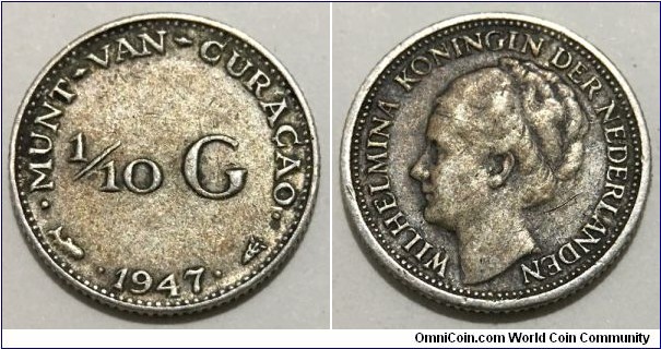 1/10 Gulden (Colony of Curaçao / Netherlands Antilles / Queen Wilhelmina // SILVER 0.640 / 1.3g / ⌀15mm / Mintage: 1.000.000 pcs) 