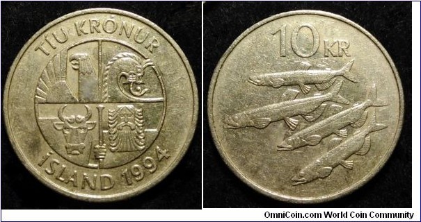Iceland 10 krónur.
1994, Cu-ni.
