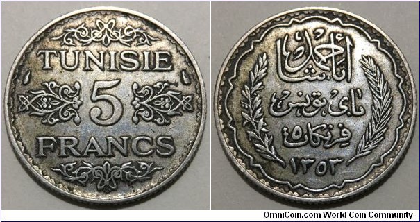 5 Francs (French protectorate of Tunisia / Bey of Tunis Ahmad II ibn Ali 