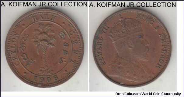 KM-101, 1908 Ceylon 1/2 cent; copper, plain edge; Edward VII, brown almost uncirculated, obverse spot.