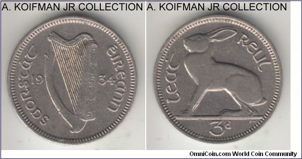 KM-4, 1934 Ireland (Free State) 3 pence, copper-nickel, plain edge; good very fine or better, cleaned.